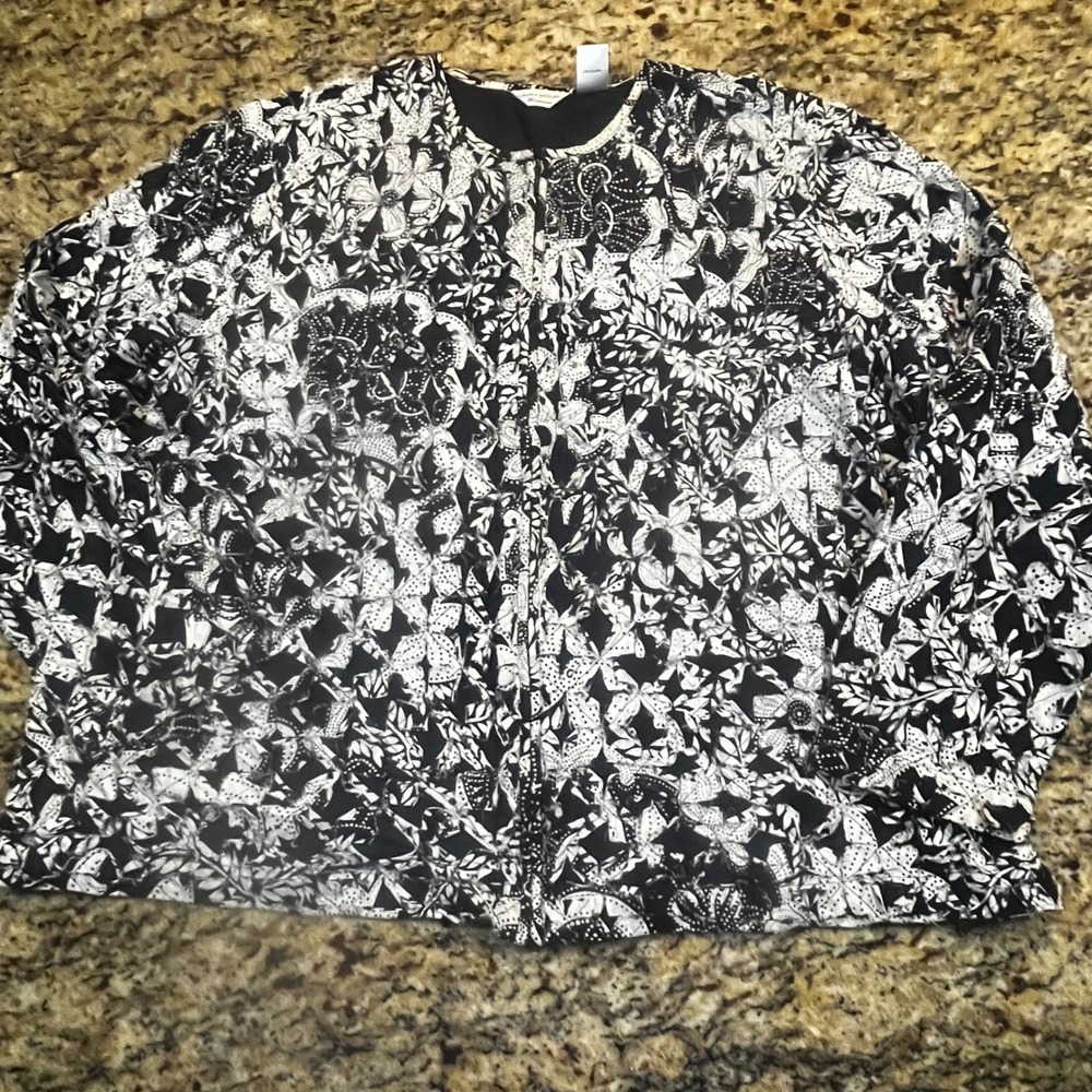 Laura Ashley Woman 2X Jacket Black White Floral Polka Dot Zip Front Cotton Blend